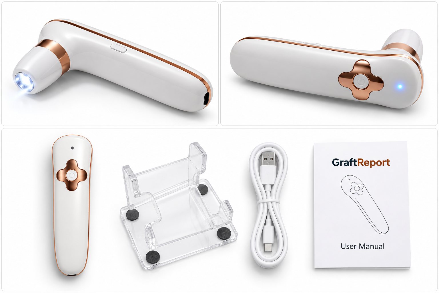 What's in the box: the scanner with its LED light on, the scanner from the button side, the clear acrylic stand, a USB-C charging cable and the GraftReport user manual.